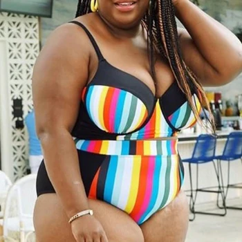 2020 Novo arco-íris Listrado Plus Size, moda praia biquini sexy Mulheres de Cintura Alta roupa de Banho moda praia 5XL