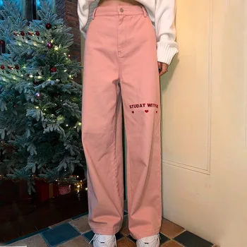 As mulheres do Denim, Calças de 2021 cor-de-Rosa Vintage Amor Bordados Streetwear Feminino Cintura Alta Largura de Perna de Calça Baggy Harajuku Mãe Jeans BF