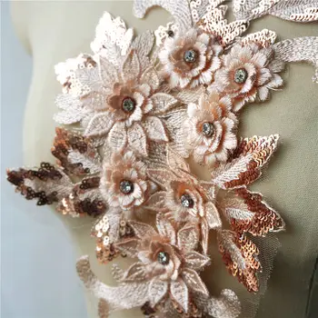 Champanhe Lace Fabric Sequin 3D Flores de pedra de Strass de Borla Vestido de Casamento Apliques Bordados Costurar Patch Para o Vestido de Decoração DIY