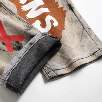 Homens de Gravata e Tintura de Letras Impressos em 3D Jeans Y2K Moda Buracos Ripped Jeans Stretch Calças Slim Reta Calças