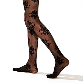 KASURE Sexy Transparente Com meia-Calça Estampada Tatuagens Inscrição Mulheres de meia-Calça de Nylon Elástico Jacquard do teste Padrão de Flor meia-Calça