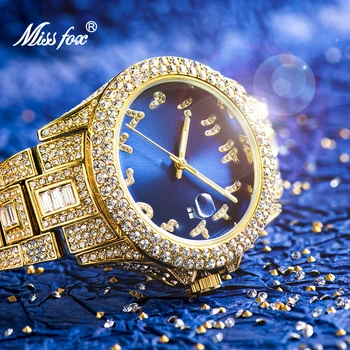 MISSFOX Homens Relógio de Pulso de Diamante de Venda Superior Azul observar os Homens Waterproof Marca de Luxo Ouro 18k Calendário de Aço Relógio Masculino