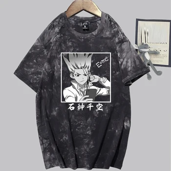Moda Dr Pedra Anime Tie-dye T-shirt Ishigami Senkuu Mangá Camisa de Impressão Harajuku Manga Curta Verão Causal Tee Tops