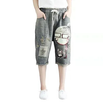 Nova Chegada Do Verão Estilo Coreano Mulheres Solto E Casual Cintura Elástica Calças De Harém Vintga De Impressão Buraco Do Projeto Cotton Jeans W95