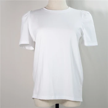 Puff Manga Curta de Algodão Mulher T-Shirts de Verão Casual Mais Branco do Tamanho de T-Shirt Femme Moda O Decote das Mulheres T-shirts 10090