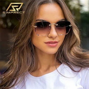 SIMPRECT 2021 sem aro dos Óculos de sol das Mulheres da Marca de Luxo Designer Grande Moldura Quadrada de Óculos de Sol da Moda Vintage UV400 Sombras Para Mulheres