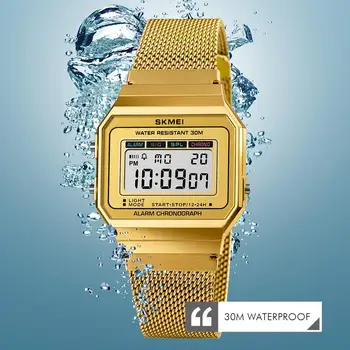 SKMEI Relógio de Marca de Luxo Clássico Homens Mulheres Relógios de Aço Inoxidável LED de Alarme Cronômetro Digital Simples Relógios de pulso Reloj Hombre