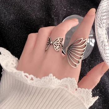 Verão Harajuku retro asas de borboleta simulação asas anel de mulheres punk metal oco conjunto de anéis gótico