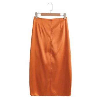 Women Pleated Calf Length Skirt Ziper High Waist Spring Summer Fashion 2021 Female Sweet Orange Shirring A-Line Vestidos de BHN0281