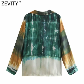 Zevity 2021 Mulheres do Vintage de Correspondência de Cores de Gravata Tingido de Impressão de Camisa Feminina Manga Longa Quimono Blusa Roupas Chiques Blusas, Tops LS9411