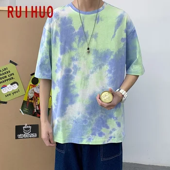 RUIHUO Tie-dye Casual T-Shirt Para Homens de Roupas de T-Shirts Para os Homens Verão Tops Japoneses Streetwear Homens Tshirt 5XL 2021 Nova Chegada