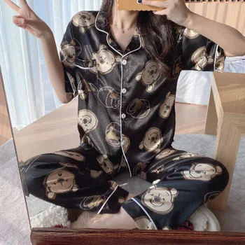 Senhora Manga Curta Verão Homewear Cetim de Seda Pijamas the Pooh Impressão de Moda de Pijamas