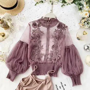 Sexy Sheer Rendas na Blusa Mulheres Lanterna Luva 3D Floral Camisas de Moda de Nova 2021 Primavera Verão as Mulheres Tops Elegante Superior Blusas Femininas