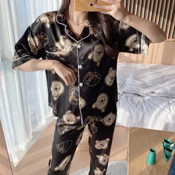 Senhora Manga Curta Verão Homewear Cetim de Seda Pijamas the Pooh Impressão de Moda de Pijamas