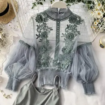 Sexy Sheer Rendas na Blusa Mulheres Lanterna Luva 3D Floral Camisas de Moda de Nova 2021 Primavera Verão as Mulheres Tops Elegante Superior Blusas Femininas