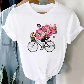 Mulheres de Roupas 2021 Flor de bicicleta 90 Menina dos desenhos animados Gráfico t-shirt Feminina de Moda Streetwear T-shirt de Manga Curta Femme